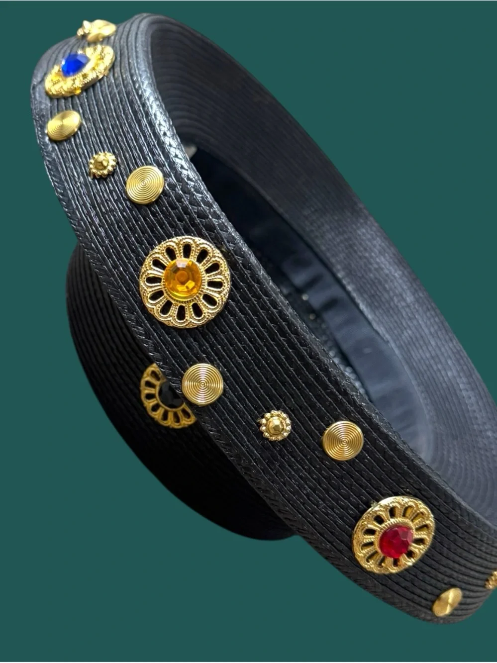 Vintage black Embellished Straw Wide-Brim Hat with Gold Accents